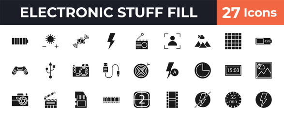 filled electronic stuff fill icons set - full battery, brightness option, radio, minute countdown. editable vector for web and mobile ui © IconArt