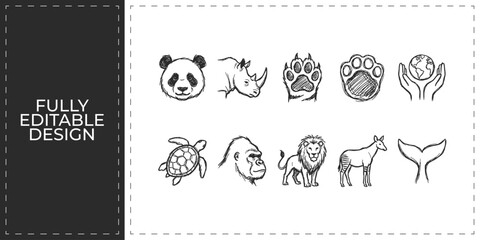 Wild animals and nature wildlife hand drawn doodle icons featuring panda lion and turtle for environmental education and zoo branding identity design © Ashik  Khan