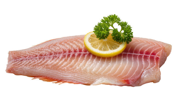Isolated fresh raw fish fillet with bright yellow lemon slice and green parsley garnish