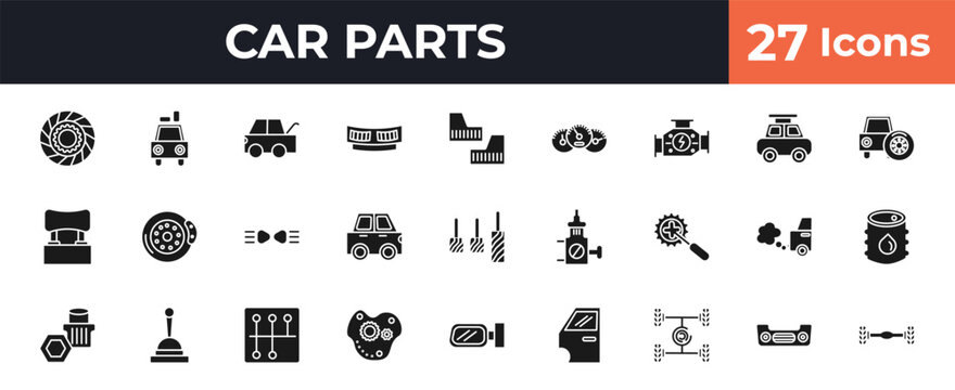 filled car parts icons set - car clutch, car luggage rack, mud flap, bumper. editable vector for web and mobile ui