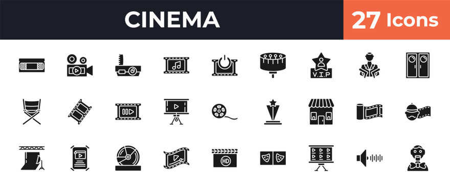 filled cinema icons set - vhs, footage, turn on, sound effect. editable vector for web and mobile ui
