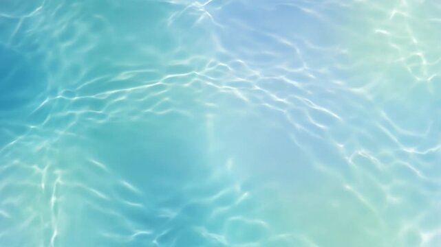 Top‑down clear pool water surface with white sunlight caustics, gentle ripples, aqua and teal tones. Refraction patterns, glistening reflections, clean water texture, summer swimming background.