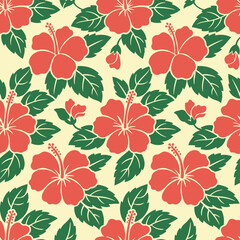 A seamless pattern featuring vibrant red hibiscus flowers and leaves © samudra
