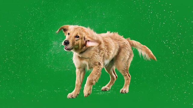Golden retriever puppy shaking off water in slow motion with droplets spraying in radial pattern on green chroma key background. Wet labrador dog, bath time, pet grooming, green screen keying