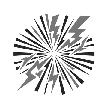 Comic style explosion burst with lightning bolts on white background