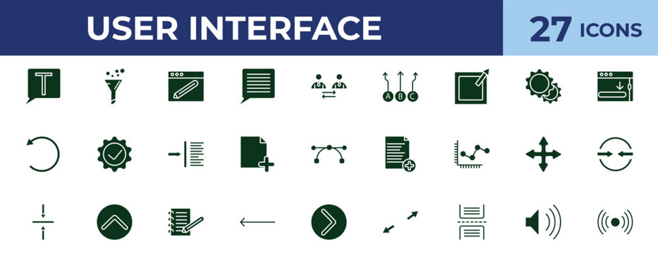 filled user interface icons set - gross pencil, tings, add new document, sound on. editable vector for web and mobile ui