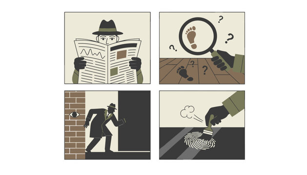 Detective in fedora reads morning paper, inspects footprints on floor, examines walls, and dusts for fingerprints at a mysterious crime scene.
