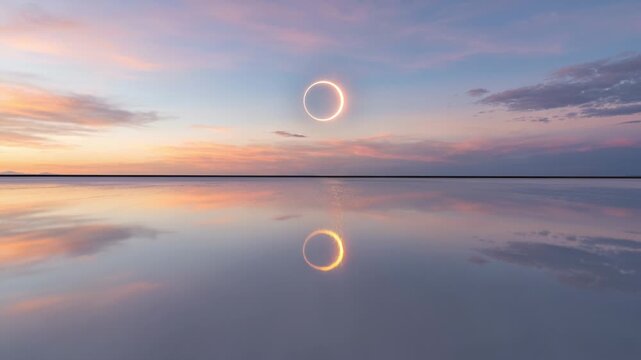 Annular solar eclipse ring of fire glowing above a mirror‑like salt lake at sunset, reflected in shallow water. Pastel pink and lavender sky, flight towards distant horizon, dreamy serene landscape 