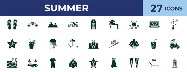 filled summer icons set - mountains, caste, funicular, sunbed. editable vector for web and mobile ui © IconArt