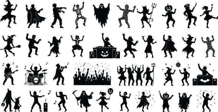 Halloween Character Silhouettes On White Background Festive Collection