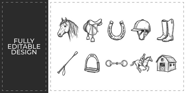 Equestrian sports and horse riding gear hand drawn icons featuring saddle horseshoe and stirrup for ranch ranching and outdoor activity branding design