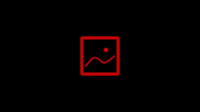 Iconography representing digital image gallery features a square frame with a stylized landscape element in vivid red on a solid black background designed for minimalist user interface design.