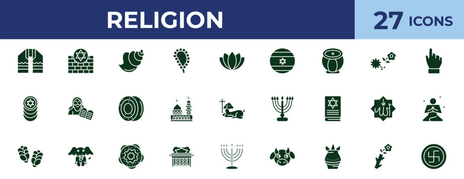 filled religion icons set - conch shell, flowers, jewish candles, budding staff. editable vector for web and mobile ui