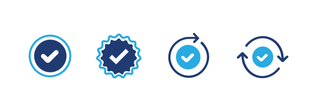Checkmark icon set. Contains check, verified, complete, and done icons. Solid icon illustration pack.