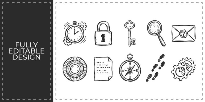 Mystery detective and secret investigation hand drawn icons featuring footprints lock and key for private investigator and security service branding