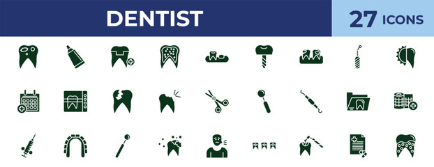 filled dentist icons set - molar crown, scraping, mouth mirror, medical prescription. editable vector for web and mobile ui © IconArt