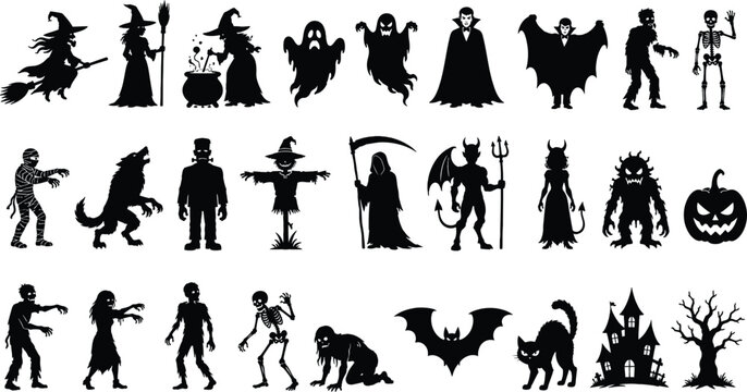 Halloween monster silhouettes collection black shapes on white background