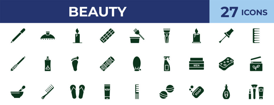filled beauty icons set - candle light, nail brush, aplicator bottle, nail polish removal. editable vector for web and mobile ui