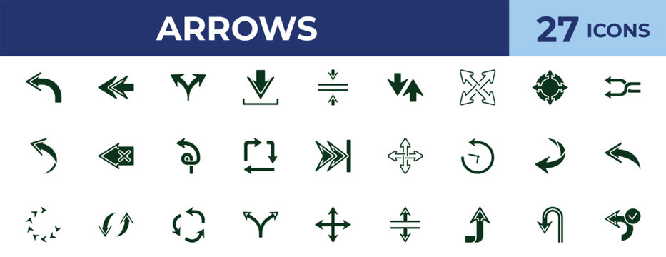 filled arrows icons set - split arrows, zoom directions, move, u turn arrow. editable vector for web and mobile ui