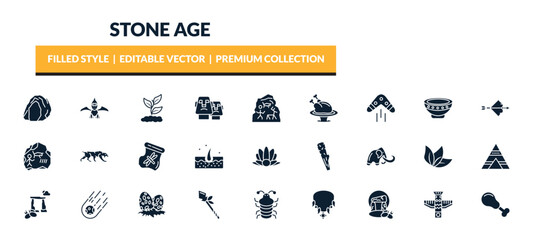 filled stone age icons set - cave, pterodactyl, plant, boomerang. editable vector for web and mobile ui © IconArt
