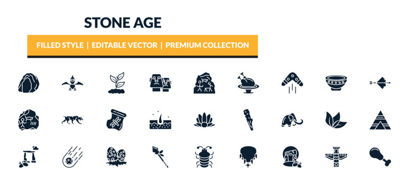 filled stone age icons set - cave, pterodactyl, plant, boomerang. editable vector for web and mobile ui