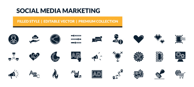 filled social media marketing icons set - user avatar, advise, photo share, . editable vector for web and mobile ui
