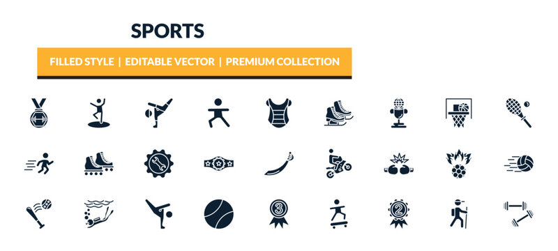 filled sports icons set - weight lifting medal, dancer motion, breakdance, world cup. editable vector for web and mobile ui