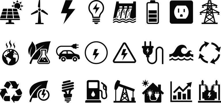 Renewable and conventional energy sources icon set for sustainability with renewable sustainability environment electricity industry technology hydropower electric resources