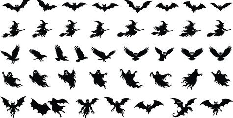Fototapeta premium Halloween Silhouette Pattern With Witches Bats Ghosts And Mythical Creatures