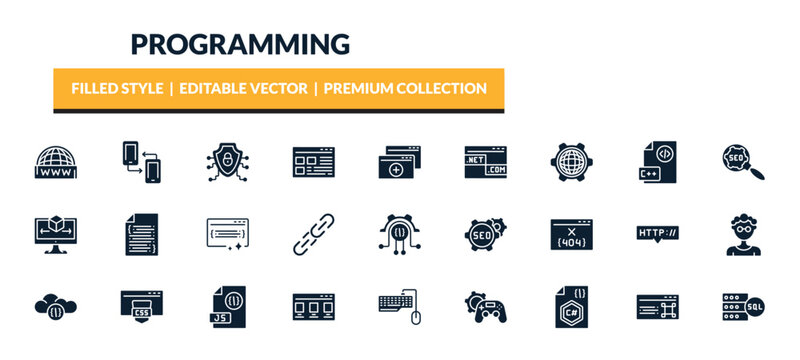 filled programming icons set - www, cross-platform, secured network, cyberspace. editable vector for web and mobile ui