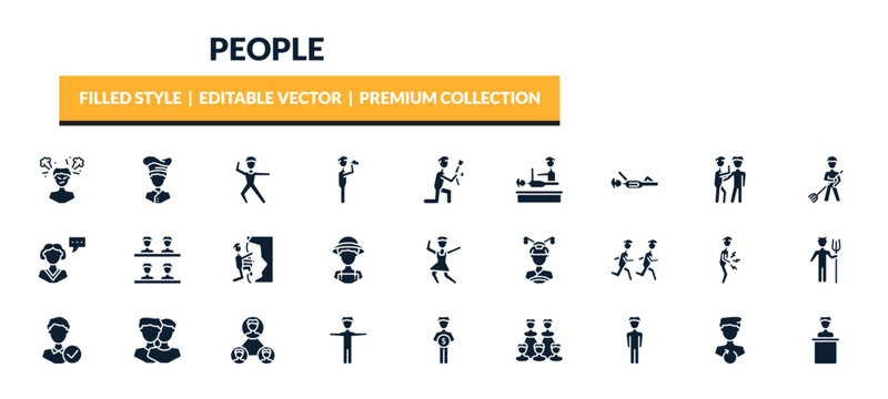filled people icons set - man angry, chief, dancers, iying down. editable vector for web and mobile ui