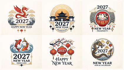Collection of 2027 asian new year vector badges featuring dragons temples and lucky daruma dolls illustration celebration traditional greeting prosperity oriental collection ornament © Shaon