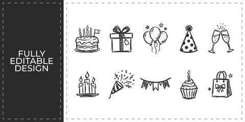 Birthday party and celebration hand drawn icons featuring cake gifts and balloons for festive event planning and holiday greeting card branding design © Ashik  Khan