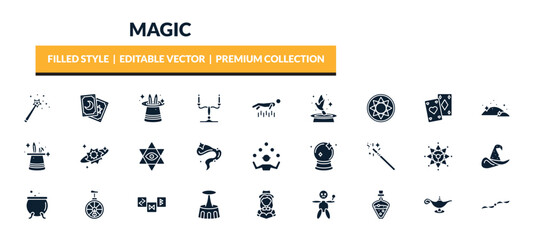 filled magic icons set - magic, tarot, magic trick, astral. editable vector for web and mobile ui © IconArt