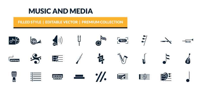 filled music and media icons set - album, french horn, low volume speaker, thirty second note rest. editable vector for web and mobile ui