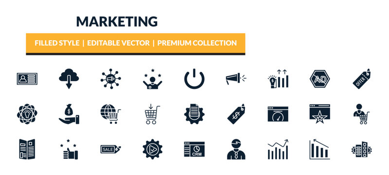 filled marketing icons set - id, download from cloud, viral, demand. editable vector for web and mobile ui