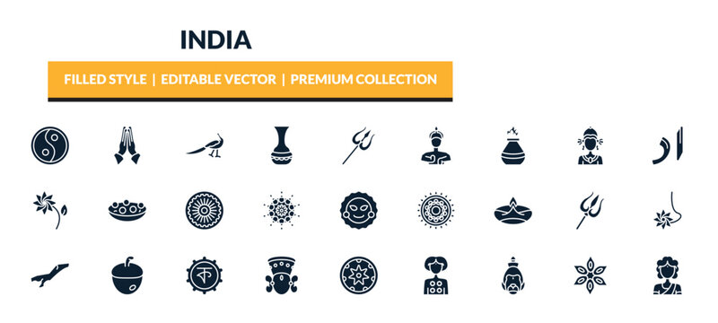 filled india icons set - sarnaism, namaste, peacock, tandoori. editable vector for web and mobile ui