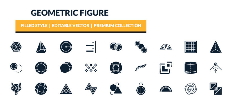 filled geometric figure icons set - star of six points, prism, radius, triple triangle. editable vector for web and mobile ui