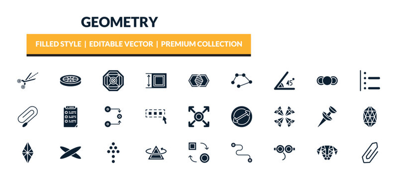 filled geometry icons set - trim, disk, ennegon, angle. editable vector for web and mobile ui