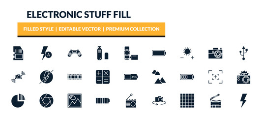 filled electronic stuff fill icons set - memory card, auto flash, joypad, brightness option. editable vector for web and mobile ui © IconArt