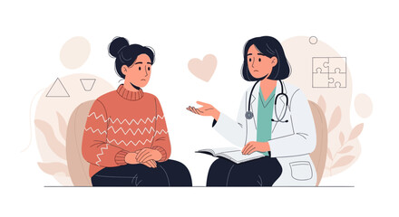Fototapeta premium Doctor consulting patient about mental health, with symbols of care and understanding like a heart and puzzle pieces.