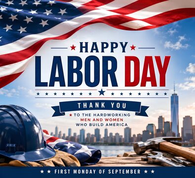 USA Labor Day Background with American Flag, Construction Helmet and Tools &ndash; First Monday of September Patriotic Celebration Banner