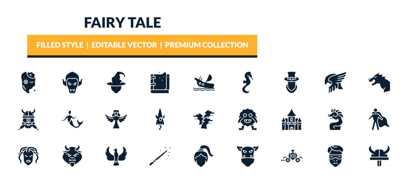 filled fairy tale icons set - zombie, vampire, wicked, leprechaun. editable vector for web and mobile ui