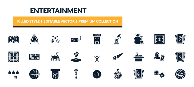 filled entertainment icons set - board game map, fair ship, glory, bag with checkers game. editable vector for web and mobile ui