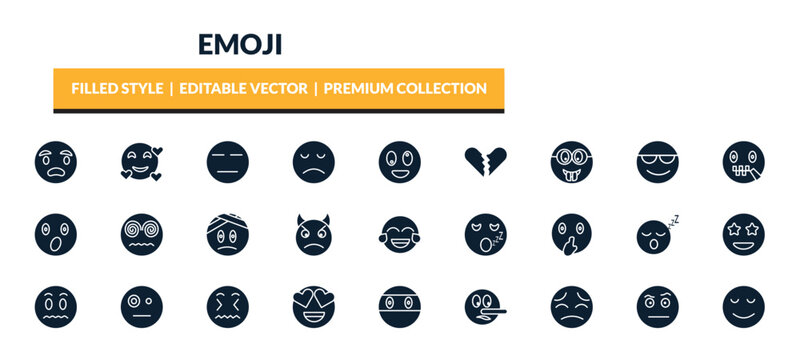 filled emoji icons set - anguished emoji, love emoji, expressionless nerd editable vector for web and mobile ui