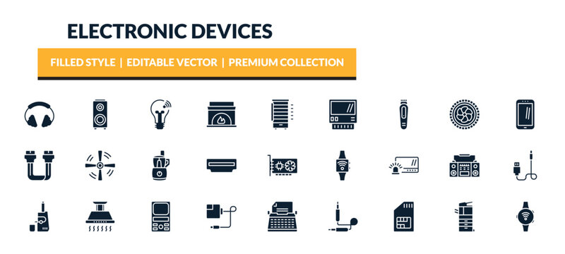 filled electronic devices icons set - earphones, speakers, smart light, trimmer. editable vector for web and mobile ui