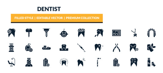filled dentist icons set - bacteria in mouth, dental prosthesis, implant fixture, dental x ray. editable vector for web and mobile ui © IconArt