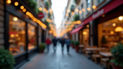 Fototapeta premium European city street with iteration bokeh of garlands shop windows cafe signboards ar beautiful modern