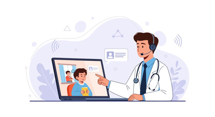 Fototapeta premium Doctor consulting patient online via video call, telemedicine concept, remote healthcare, digital health, doctor on laptop screen with stethoscope