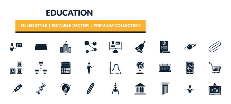filled education icons set - teach, closed envelope, university, application form. editable vector for web and mobile ui